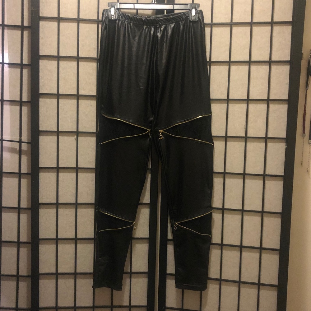 Faux Leather Stretch Pants In Black With Lace Zippers  Size M/L, New